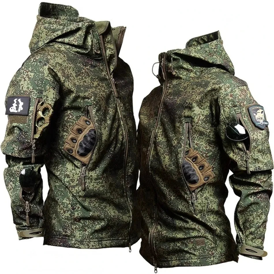 Winter Thicken Men Camo Suit Waterproof Tactical Training Set Multi-pocket Hooded Jacket Fleece Pants Outdoor Hunting 2-piece