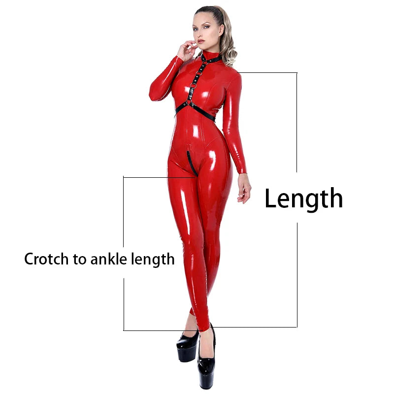 Frauen sexy Lack leder Overall exotischen Reiß verschluss offenen Schritt Bodycon Cat suits Overalls Wetlook Nachtclub Kette Stram pler benutzer definierte neue