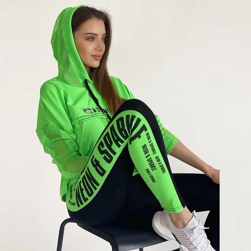 Oshoplive weibliche Mode Kontrast farbe irisierende Patchwork Mesh Hoodies & Leggings passt Sport lauf Sportswear neu