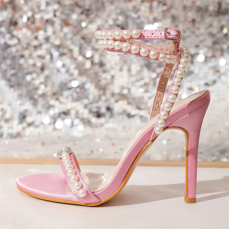 Liyke Elegant Women Party Wedding Pink Sandals Fashion Pearl Ankle Strap Summer Sexy Open Toe Gladiator High Heels Ladies Shoes