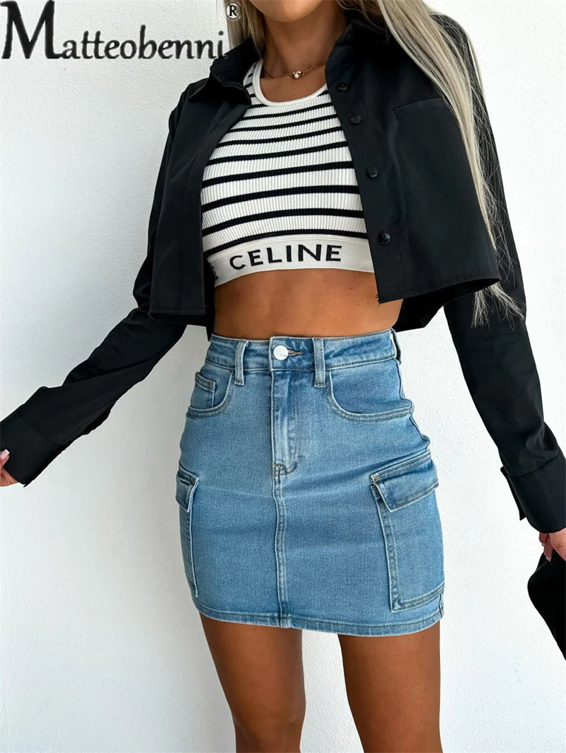 Sexy Knopf Spleißen Tasche Jeans rock weiblich Modetrend Straße lässig Halbkörper Kleid Arbeits kleidung Stil Damen bekleidung