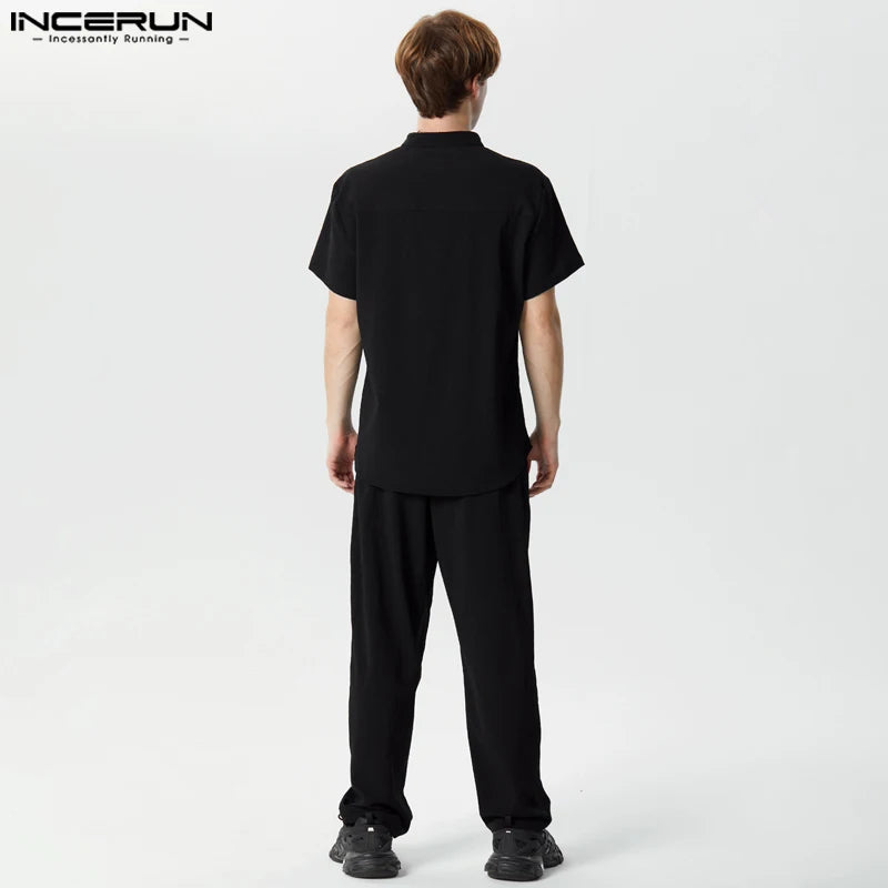 INCERUN Men Sets Solid Color Summer Stand Collar Short Sleeve Shirt & Pants 2PCS Streetwear 2024 Fashion Men Casual Suits S-5XL