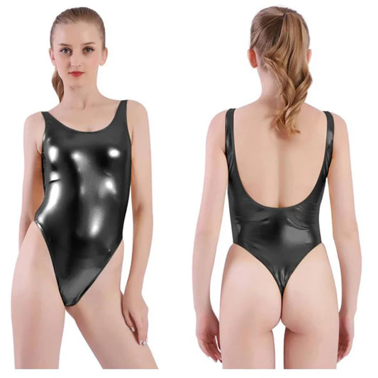 Speerise Fashion Womens Shiny Metallic Leotard Jumpsuit High Cut Shaper Beach Bathing Sexy Backless One Piece Bodysuit