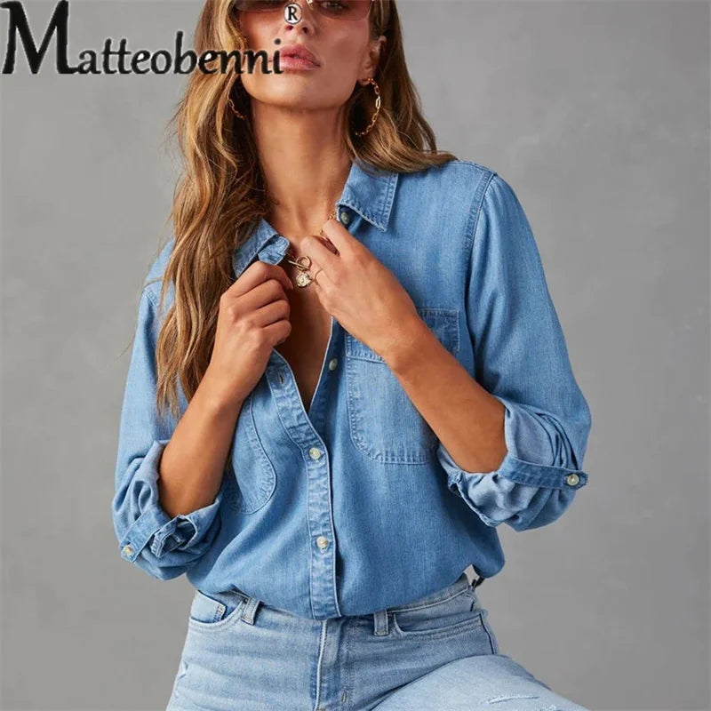 Herbst dünne Jeans hemd Damen einreihige Spleiß tasche Langarm Revers Tops Damen bequeme Pendler lässige Bluse