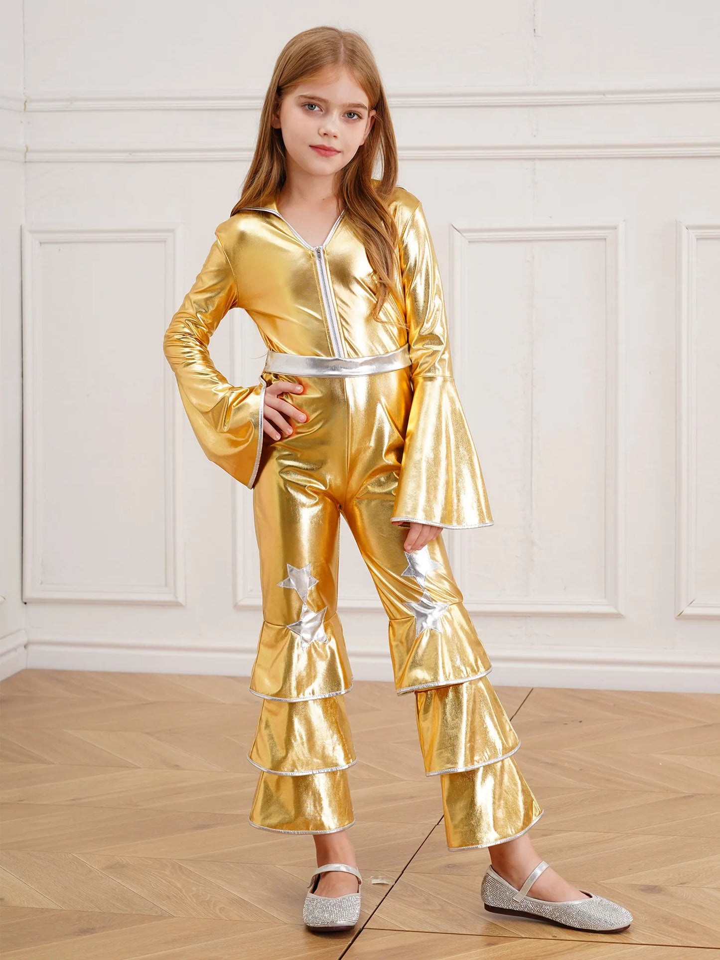 Kids Girls 70s 80s Disco Costume Metallic Flare Sleeve Ruffle Bell Bottom Jumpsuit Halloween Cosplay Funky Dancing Bodysuit