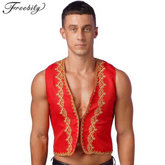 Mens Gothic Steampunk Vest Gold Trims Embroidery Medieval Victorian Waistcoat Arabian Vest Halloween Stage Cosplay Prom Costume