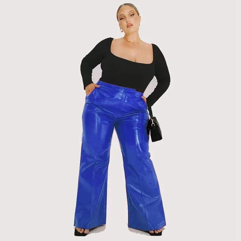 Plus Size Damen Glänzende Lacklederhose 7XL Hohe Taille Faux Latex Gerade Hose 8XL mit Tasche Flare Hose 9XL Clubwear