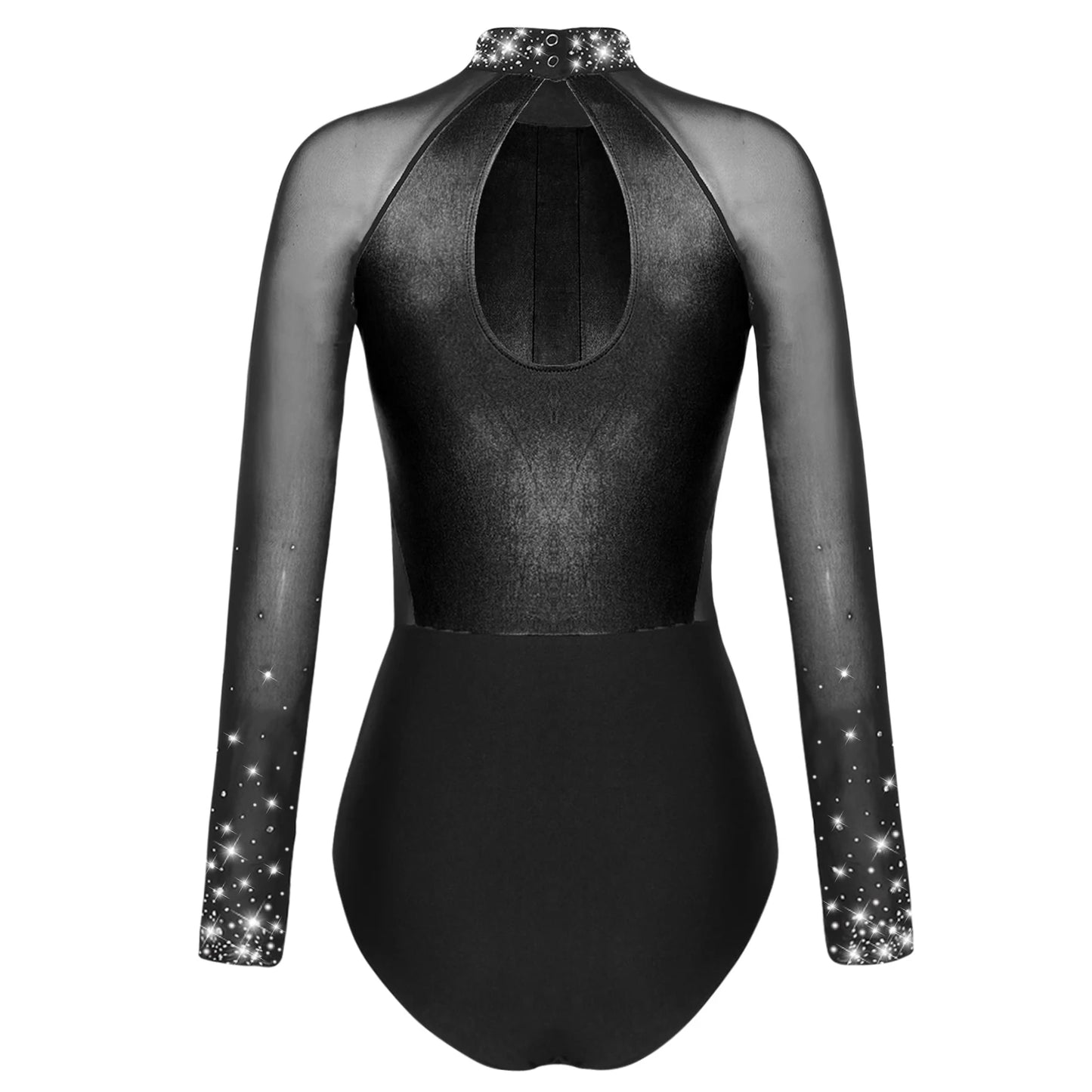 Funkelnde Strass steine für Damen Farb block Gymnastik Trikots Langarm Ballett Tanz Bodysuit Overall sportliche Tanz kleidung