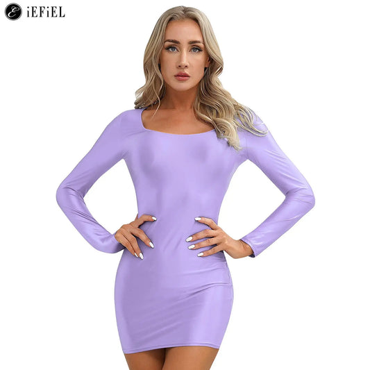 Damen Langarm Bodycon Kleid glänzend einfarbig Bleistift Minirock Pole Dance Rave Party Clubwear Casual Sport Lounge wear