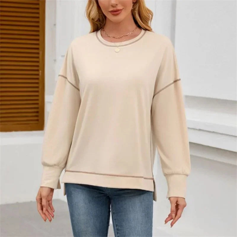 Mode Nähen Streifen Farbe Blockieren Sweatshirt Frauen Casual Laterne Langarm Hoodie Herbst Winter O Neck Pullover Weibliche Top