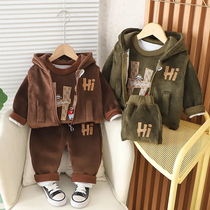 Neue Herbst Winter Baby Kleidung Sets Nette Cartoon Warm Halten Top + Weste + Hosen Mädchen Prinzessin Anzug Geburtstag Geschenke kinder Kleiden