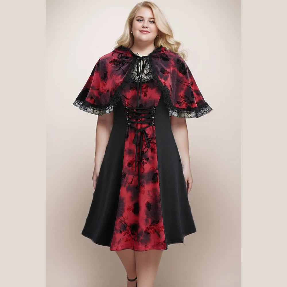 Rosegal Plus Size Damen kleider mit Kapuzen umhang Frühling Sommer ärmellose Krawatten farbe bedruckt Schnür kleid mit Spitzen besatz Hoodie-Umhang