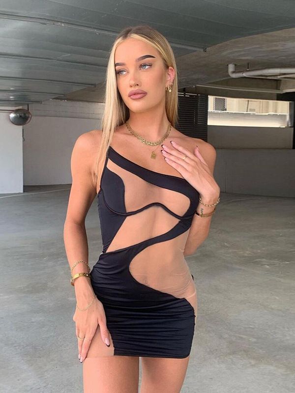 Cryptographic Sexy Backless Cut Out Mesh See Through Mini Dress Women Summer Party Club Straps Dresses Outfits Clothes Vestido
