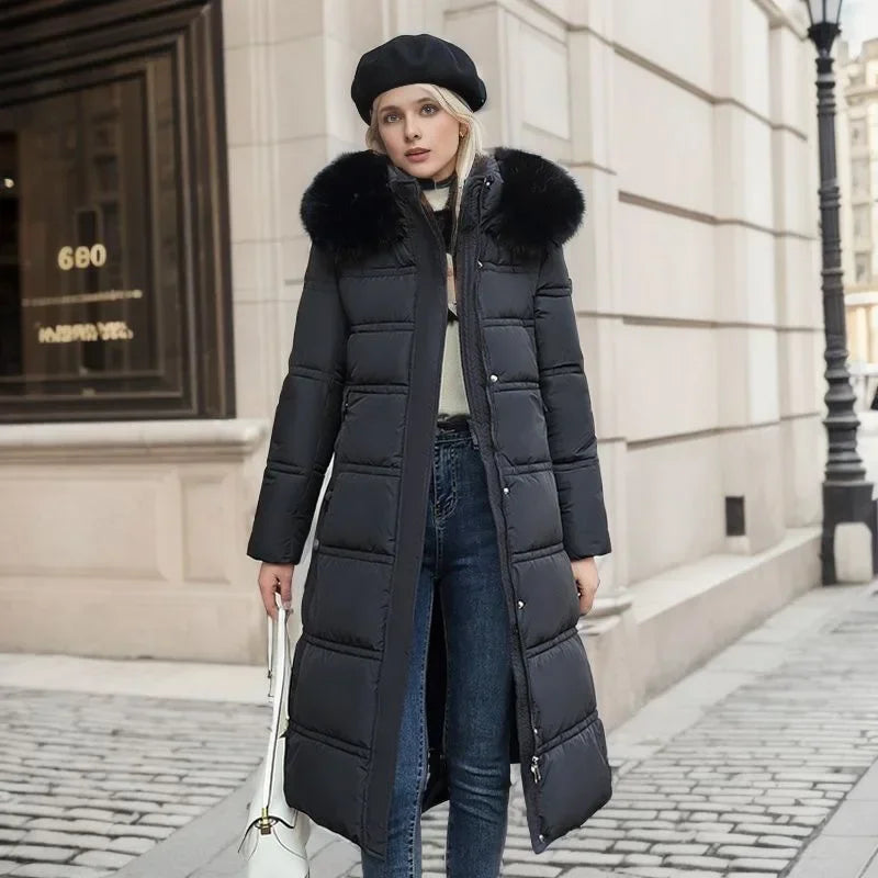 2024 Frauen neue Jacke Parkas Pelz kragen Daunen Baumwoll jacke Winter Kapuze lange Parka warme weibliche gepolsterte Jacke Freizeit Outwear - Blockshop.store