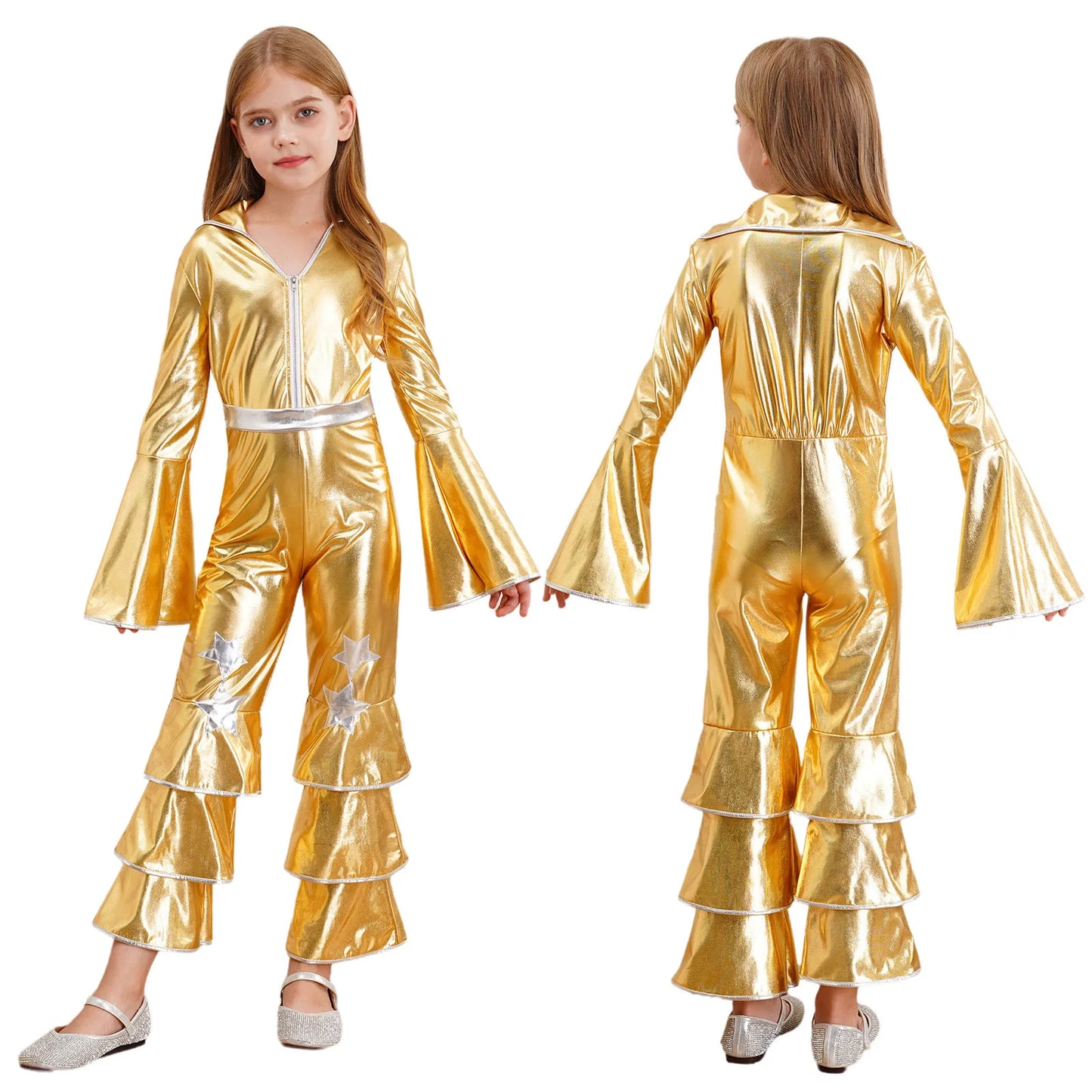 Kids Girls 70s 80s Disco Costume Metallic Flare Sleeve Ruffle Bell Bottom Jumpsuit Halloween Cosplay Funky Dancing Bodysuit