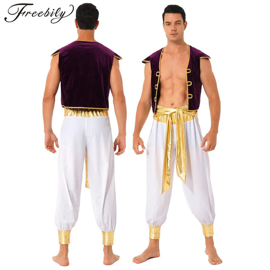 Men Arab Prince Costume Fairy Tale Suits Halloween Cosplay Fancy Outfit Cap Sleeve Vest Waistcoat with Belted Bloomers Pants