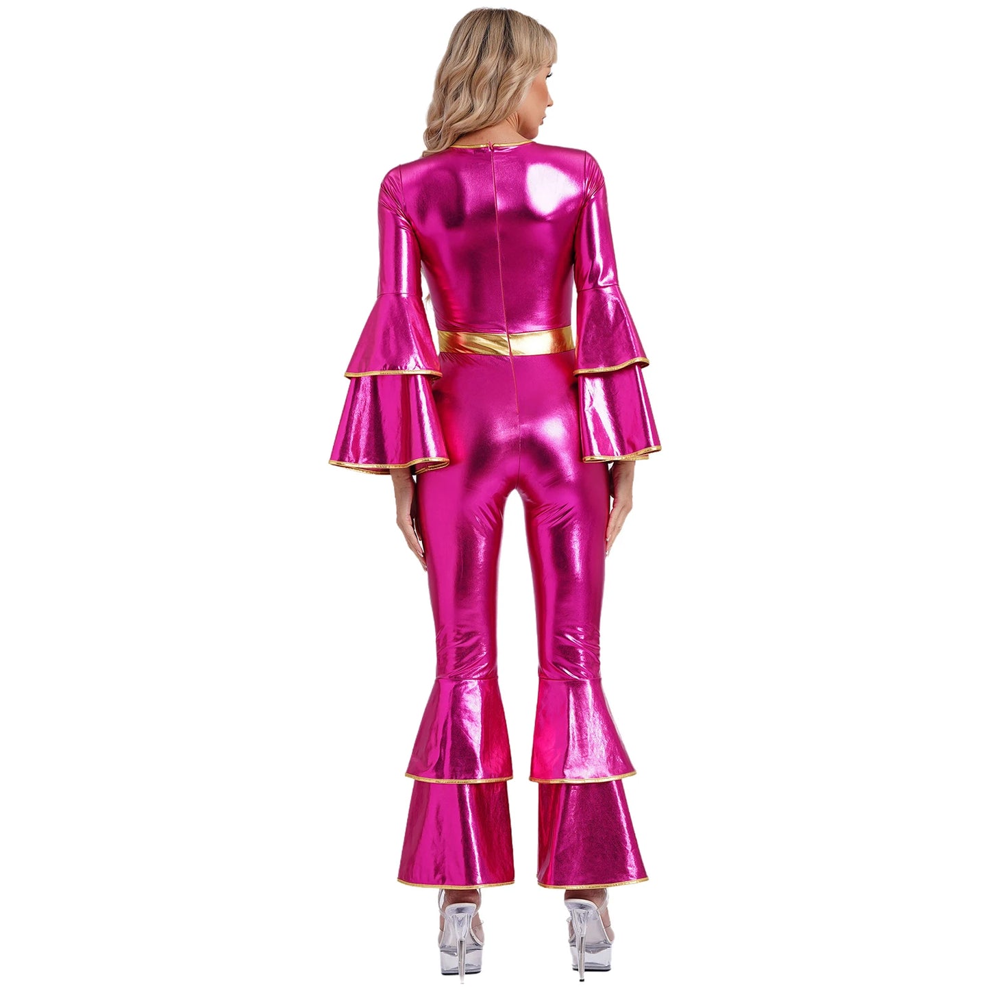 Damen Disco Kostüme sexy glänzend metallisch Retro Tanz Overall 70er 80er Jahre Hippie-Thema Party Halloween Cosplay Kostüm