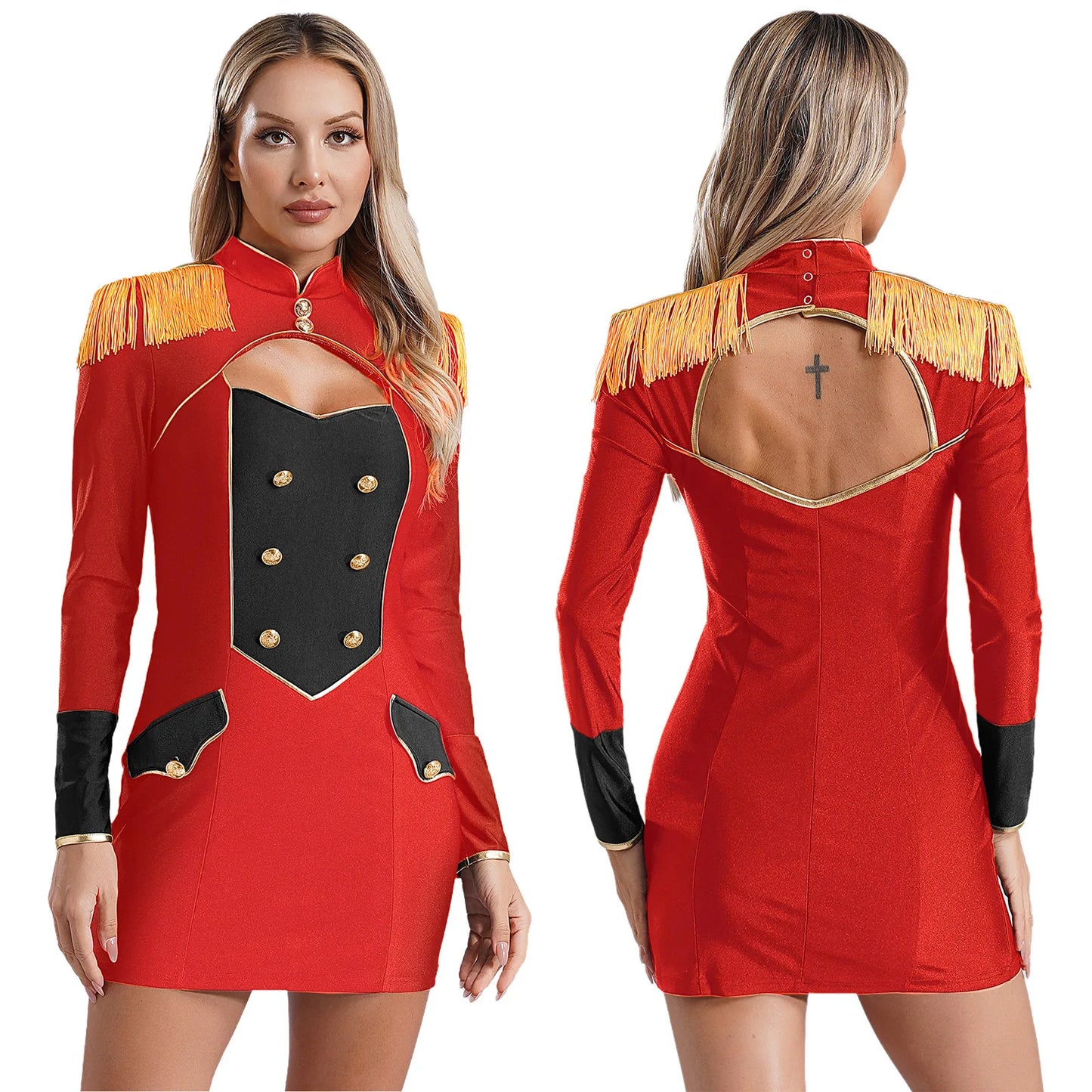 Damen roten Ring master Langarm Quaste Ausschnitt Mini kleid Bodycon Zirkus Showman Löwe Tamer Rin leader Halloween Kostüme