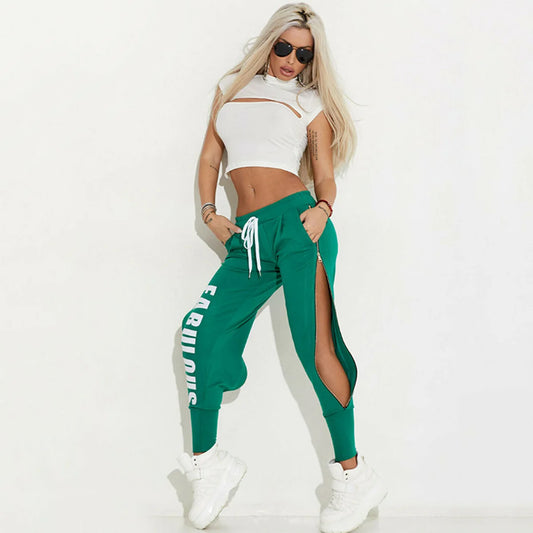 Oshoplive Fashion Casual Letter Print Hollowed Tees & Split Side High Waist Pants Sportswear Cool Girl Suits For Women 2024 New