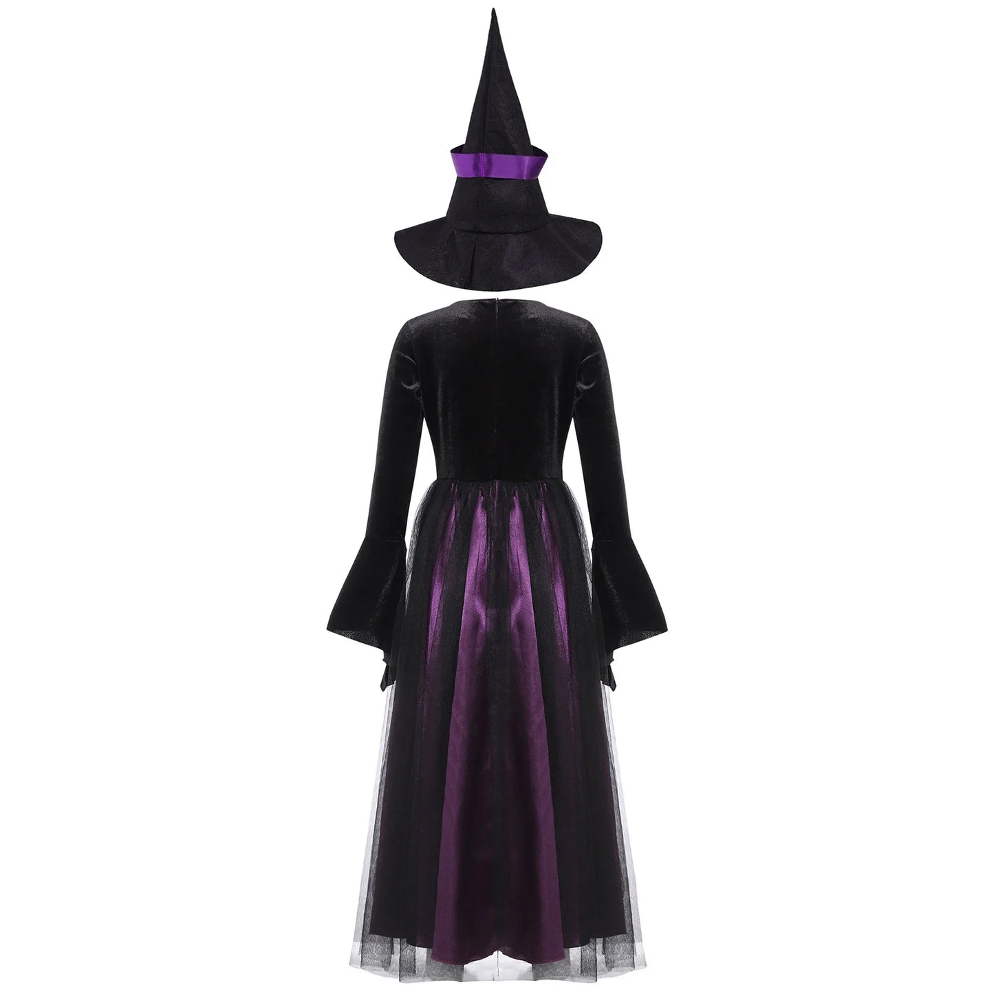 Kids Girls Witch Costume Velvet Long Sleeve Halloween Carnival Cosplay Roleplay Dress with Pointed Hat Prom Dress Up Clothes