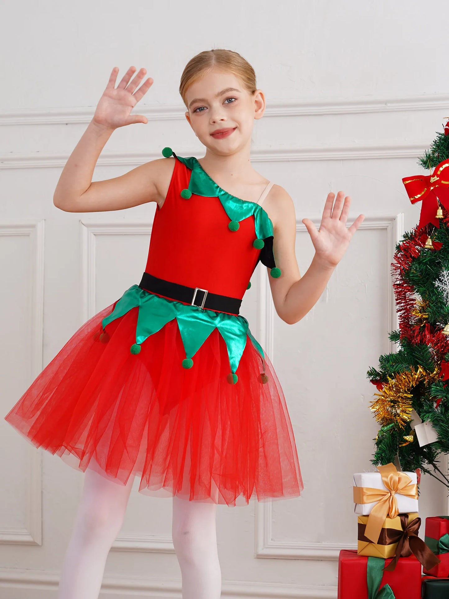 Kinder Mädchen eine Schulter Weihnachten Tanz Tutu Kleid Trikot Weihnachten Urlaub Party Santas Helfer Festivals Performance Kostüm