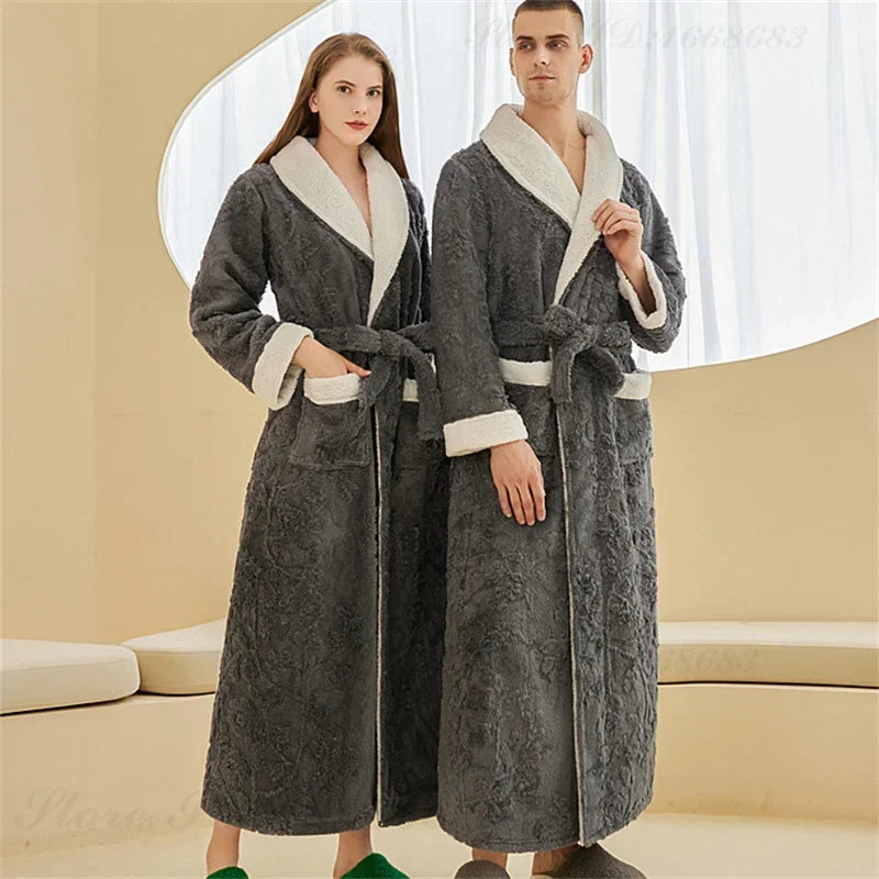 Luxus Dicke Paar Nachtwäsche Herbst Winter Flanell Robe Kimono Bademantel Kleid Hause Kleidung Lose Beiläufige Korallen Fleece Lounge Tragen