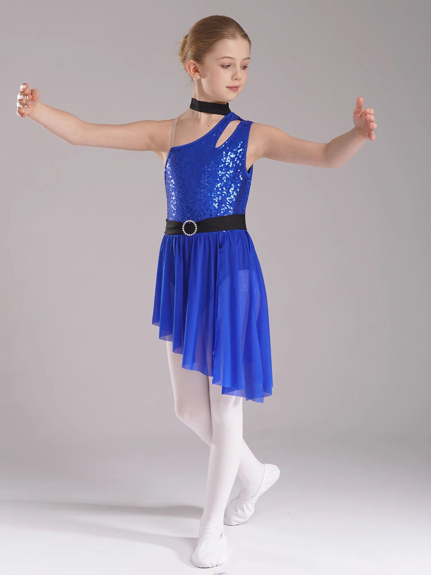 Kids Girls Lyrical Dance Costume Cutout One Shoulder Ballet Asymmetrical Tulle Dress Leotard Modern Contemporary Dancewear