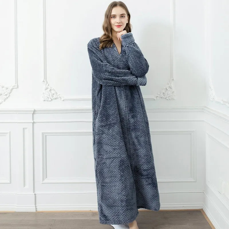 Frauen Winter extra lange warme Jacquard Flanell Bademantel schwangeren Reiß verschluss plus Größe Bademantel Lounge Korallen Fleece Bademantel