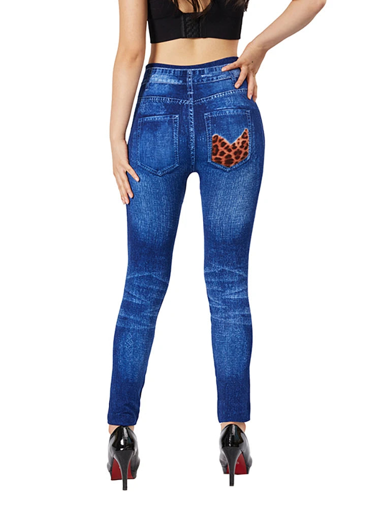 CUHAKCI Blue Stretch False Jeggings Leopard Hole Print Imitation Denim Leggings Women Slim Fit Pencil Pants Fake Pockets Jeans