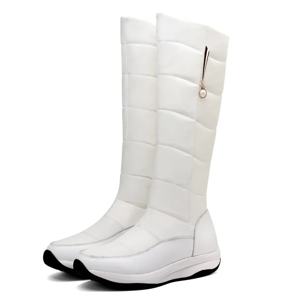 Winter Echt leder Frauen Plattform Schneeschuhe warm Plüsch weiß schwarz Perle lässig Reise Damen Keil Slip-On kniehohe Stiefel