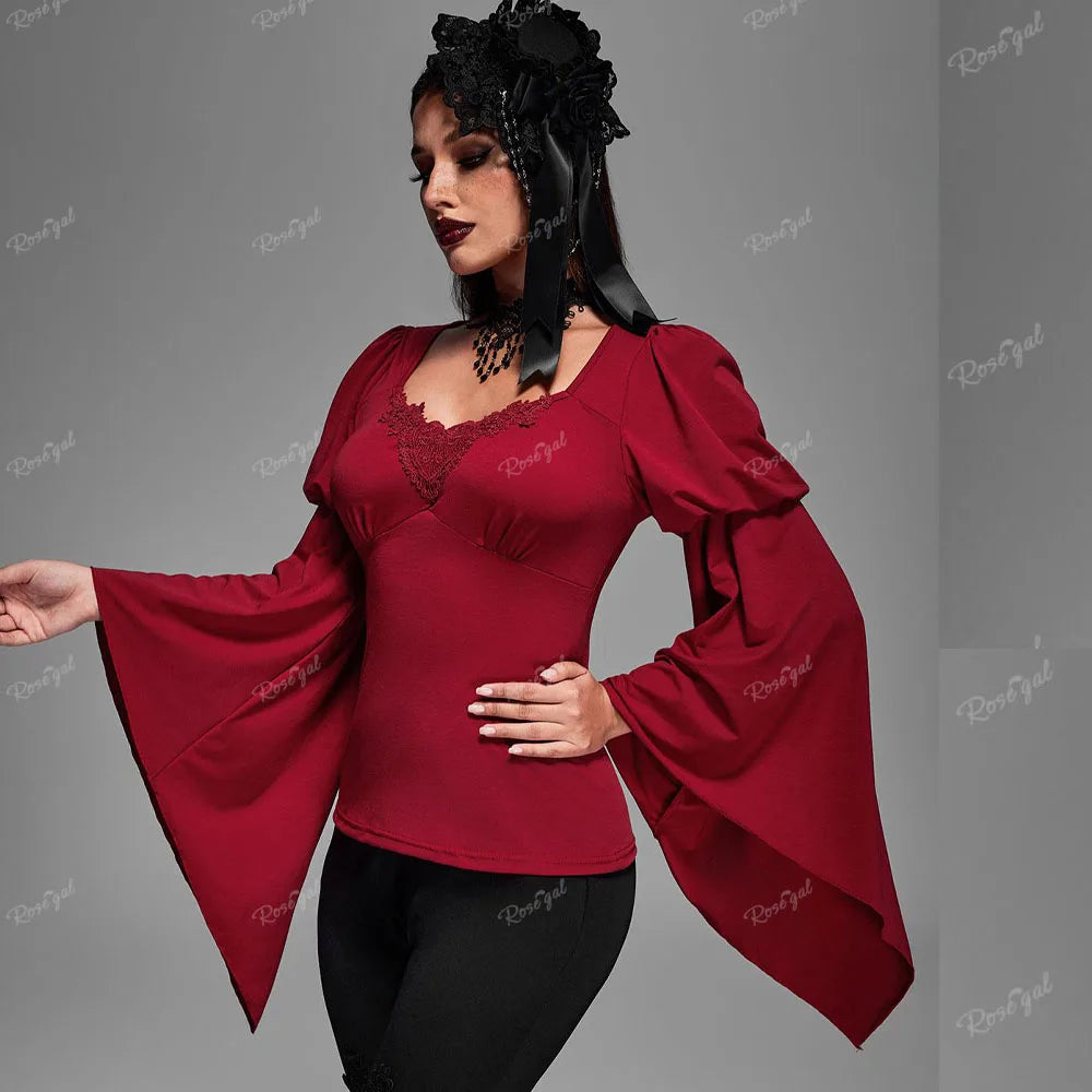 Rosegal Plus Size Gothic Red T-Shirt herzförmige Applikationen geraffte Tops neue Frühling Herbst quadratischen Hals lange Flare Ärmel Blusen