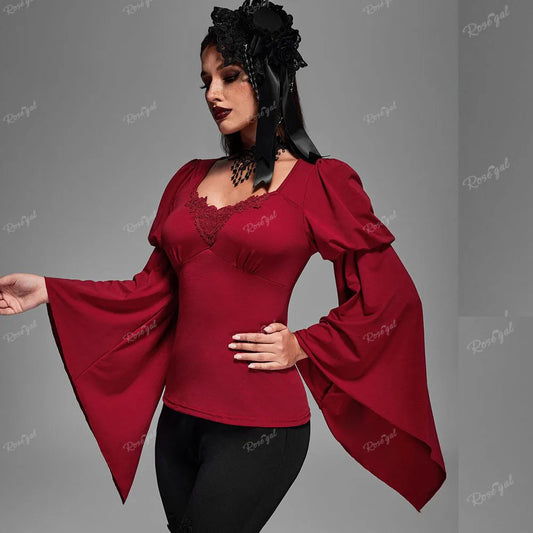 Rosegal Plus Size Gothic Red T-Shirt herzförmige Applikationen geraffte Tops neue Frühling Herbst quadratischen Hals lange Flare Ärmel Blusen