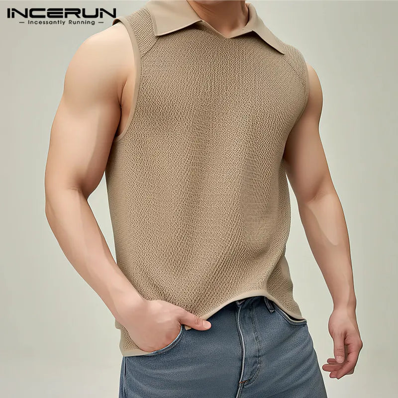 INCERUN Men Tank Tops Solid Color Lapel Sleeveless Streetwear Casual Vests Summer 2024 Korean Style Fashion Men Clothing S-5XL
