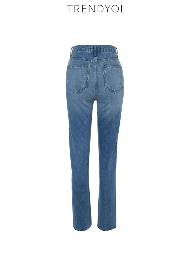 Trendyol TYZA Damen-Jeans mit hoher Taille, gerade, 2024, Herbst, 100 % Baumwolle, Denim, Stretch, schmale Passform, klassische Baggy-Hose