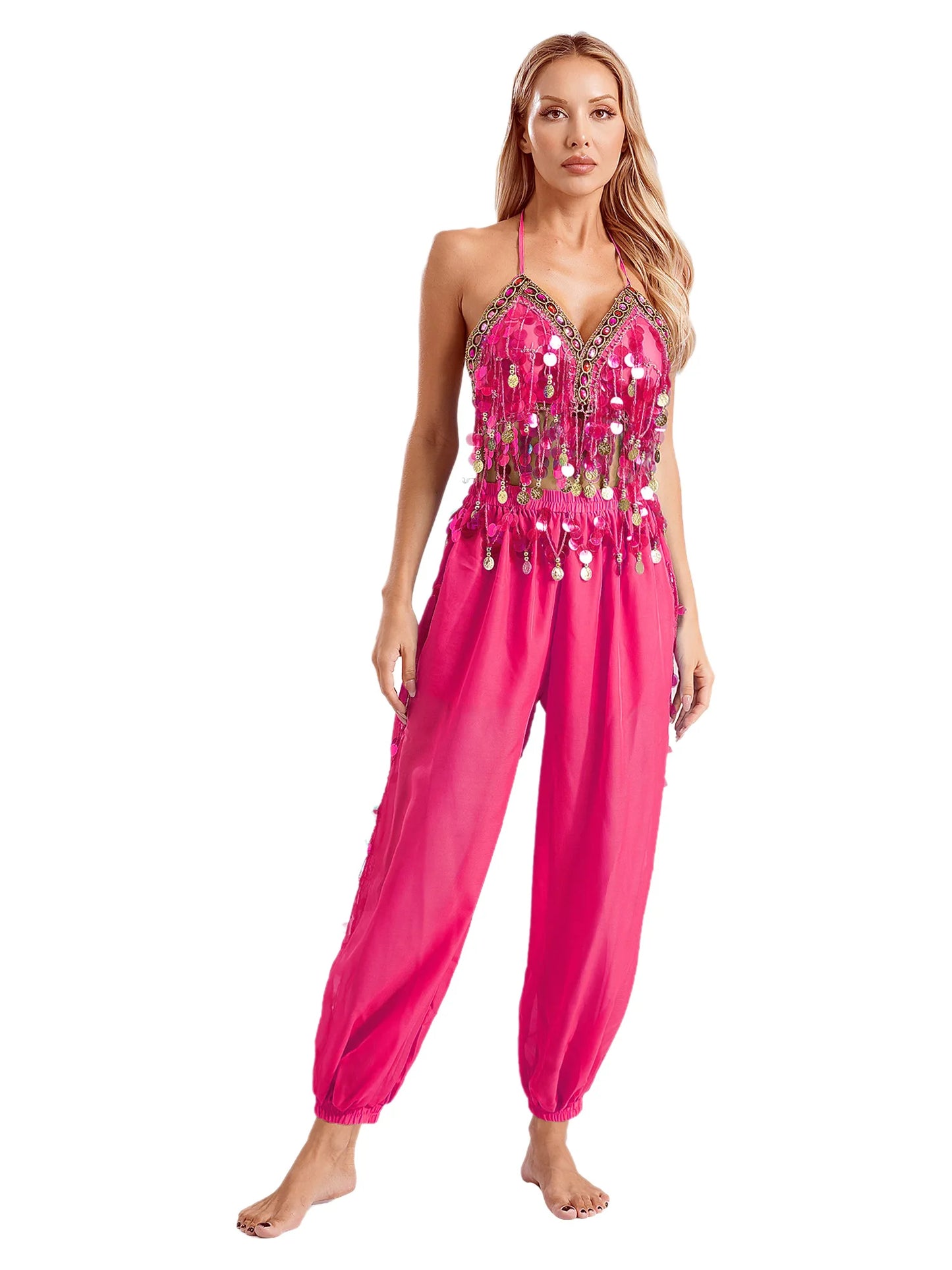 Damen Bauchtanz Outfit Pailletten Tops mit Harems hosen Halloween Kostüm Bollywood indischen Tanz Bühne Performance Kostüm