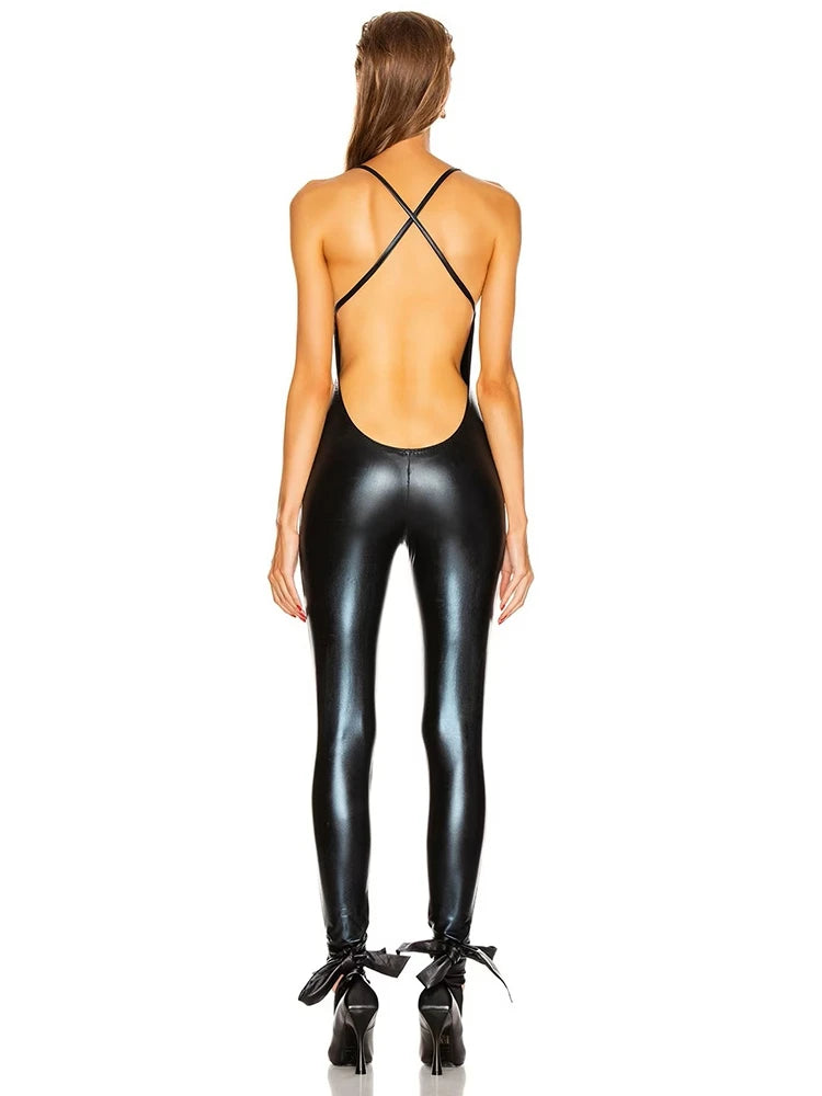 Sexy Backless Matte Leather Jumpsuits for Women, Black Spaghetti Strap, Rompers, Nightclub, Mono Mujer Verano