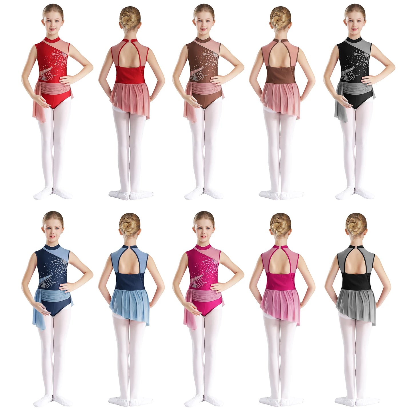 Kinder Mädchen Glitzer Strass Blumen Ballett Tanz unregelmäßiges Kleid Rocked Trikot Gymnastik Bodysuit Ballerina Dance wear