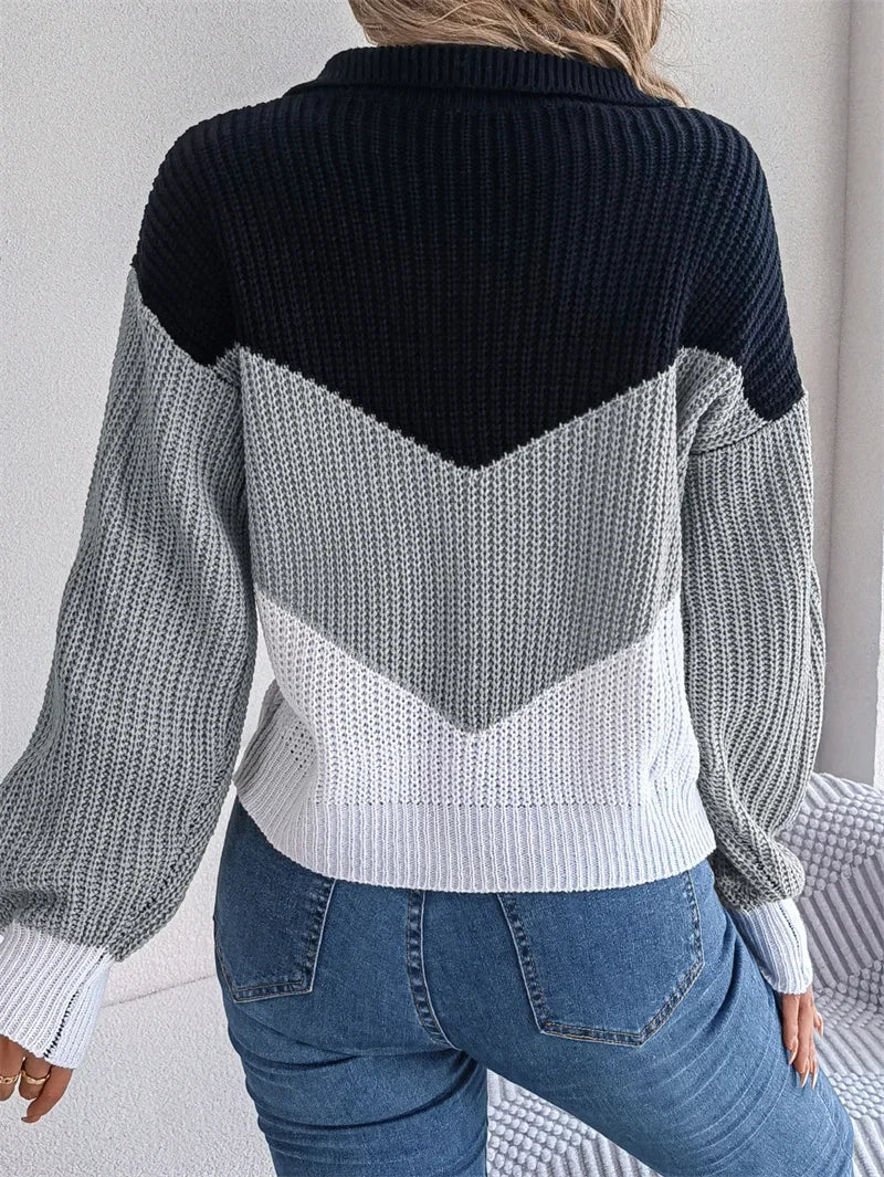 Herbst Winter Revers Pullover Frauen verdickt warm gestrickt Top weibliche dreifarbige Patchwork Laterne Langarm Pullover Streetwear