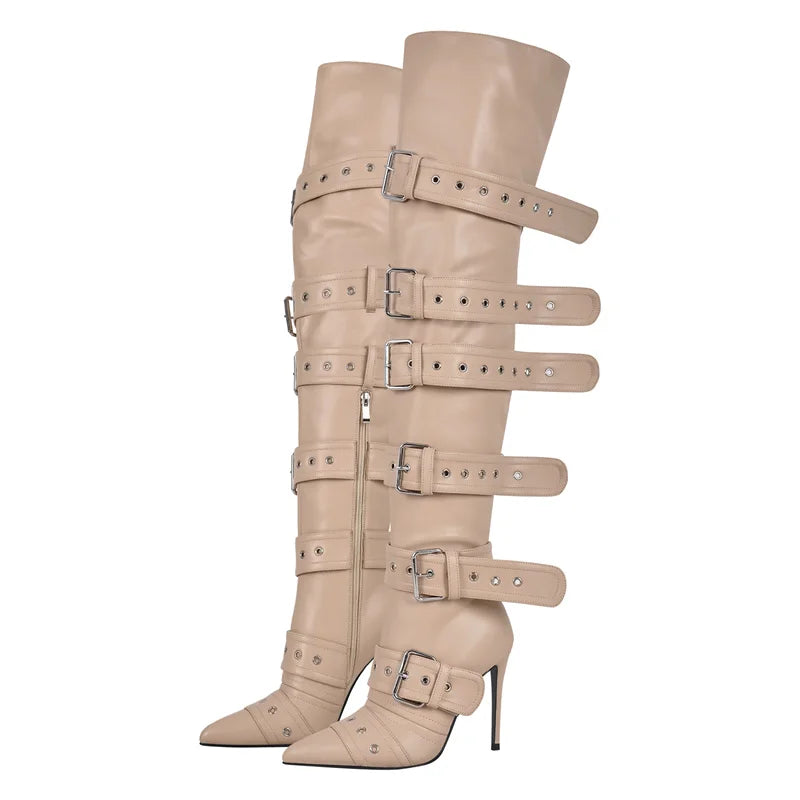 Only maker Frauen Schnalle Riemen über dem Knie Stiefel dünne High Heel Lady Reiß verschluss weibliche Oberschenkel hohe spitze Zehen Stiletto Stiefel