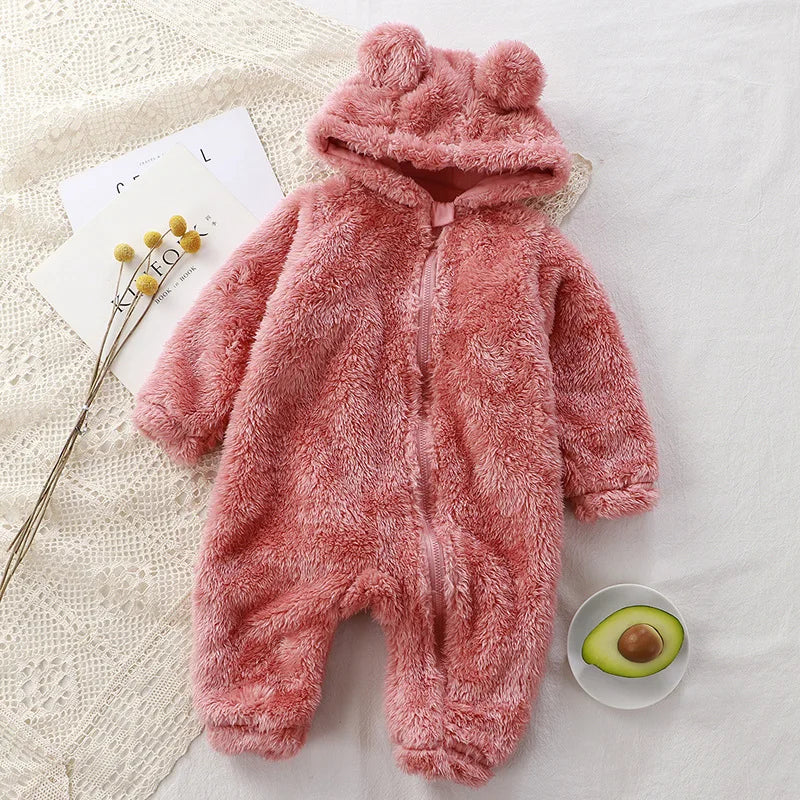 Winter Warme Neugeborenen Baby Mädchen Kleidung 3 Farben Nette Plüsch Bär Baby Strampler Komfortable Weiche Kapuze Zipper Jungen Strampler 0-3 jahre