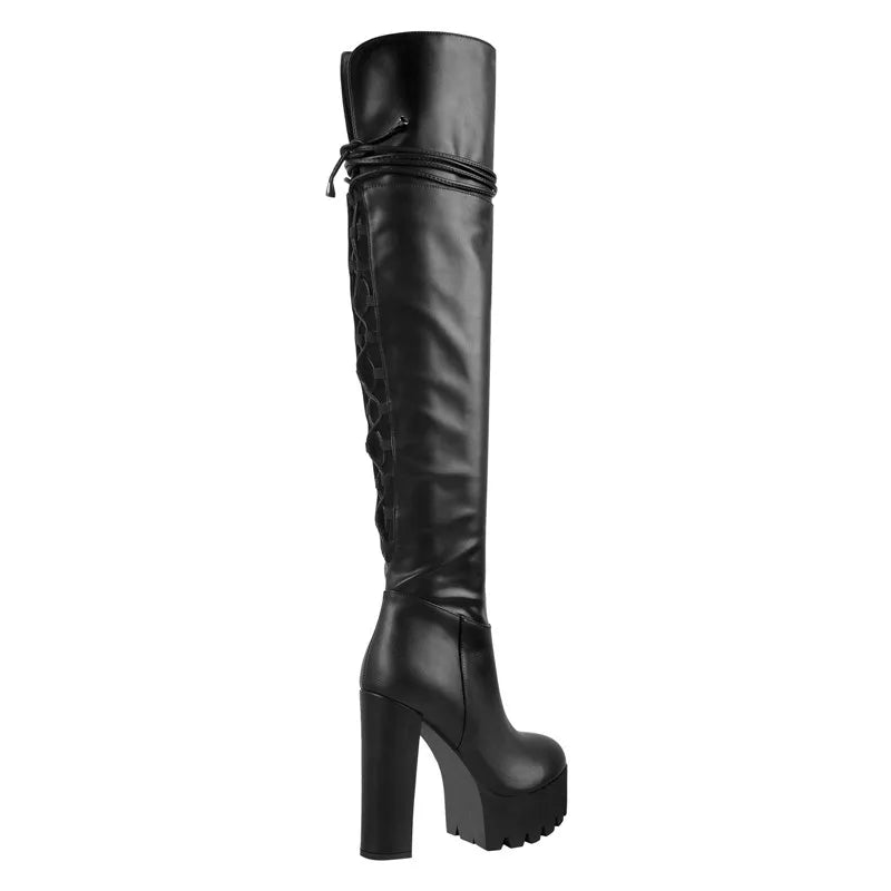 Nur Hersteller über dem Knie Stiefel Frauen schwarze Plattform High Heel Stiletto hohen Reiß verschluss plus Größe hand gefertigte Stiefel