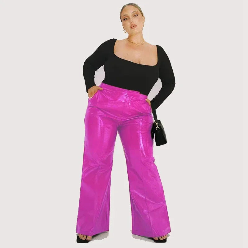 Plus Size Damen Glänzende Lacklederhose 7XL Hohe Taille Faux Latex Gerade Hose 8XL mit Tasche Flare Hose 9XL Clubwear