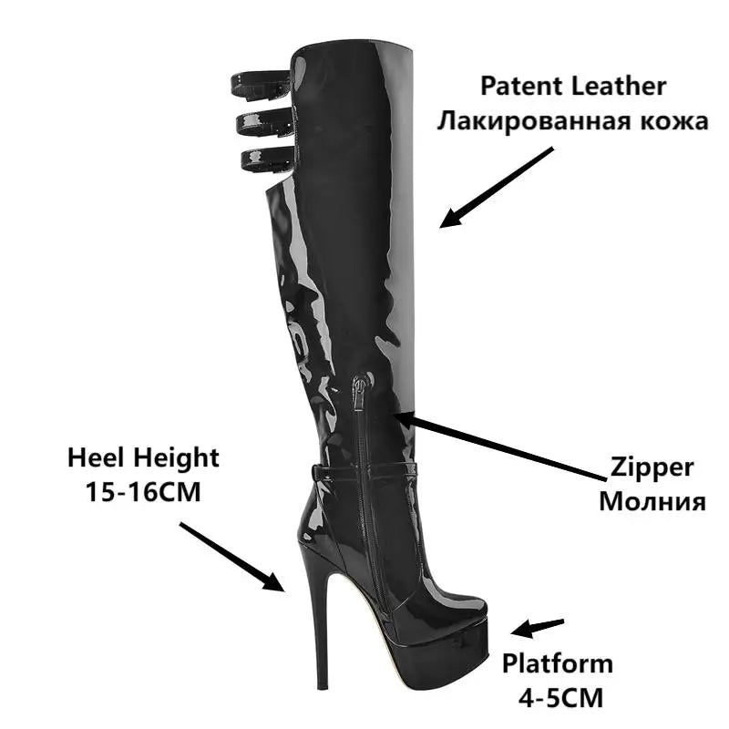 Onlymaker Dünne High Heel Stiefel Plattform Über Das Knie Patent Leder Innen Short Plüsch Schnalle Hohlen Seite Zipper Winter Stiefel