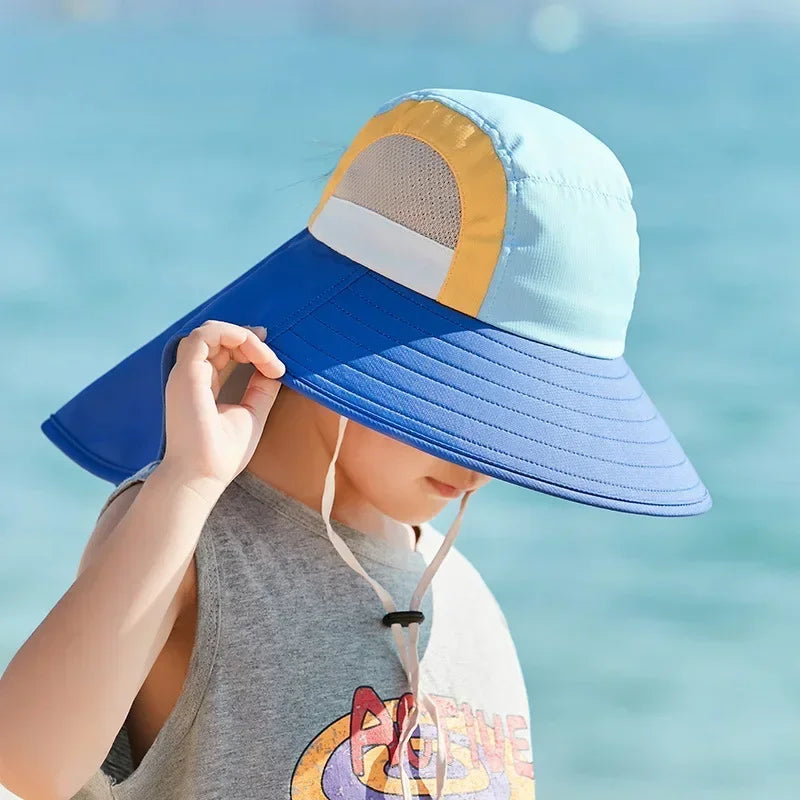 Sommer Baby Sonnenhut mit Hals klappe UV-Schutz gurt breite Krempe Strand hüte Kinder Eimer Hut Kappe für Jungen Mädchen im Freien