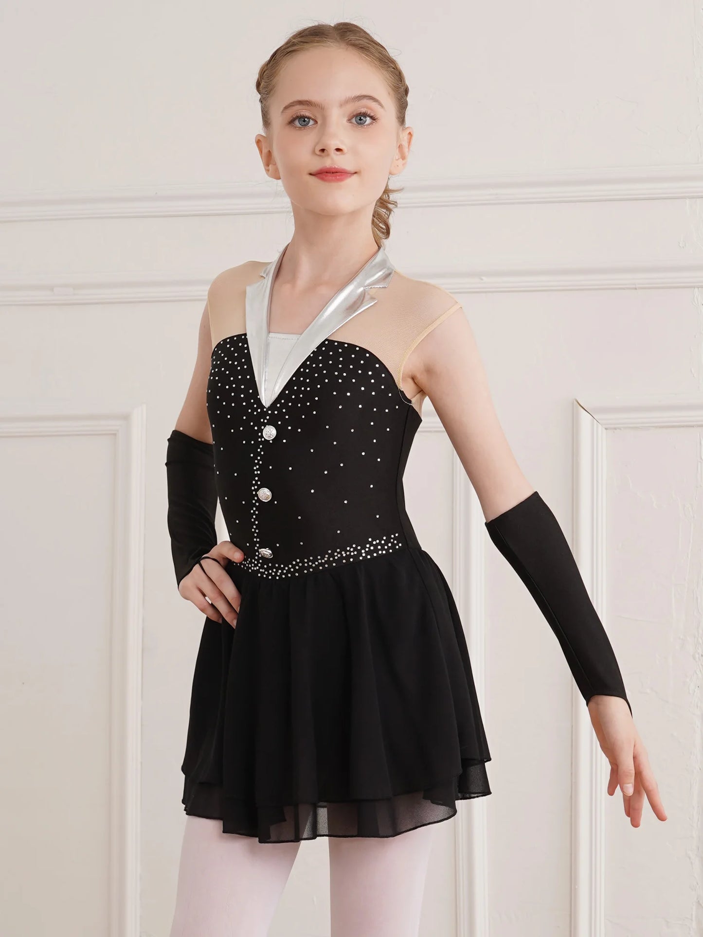 Kids Girls Figure Skating Costume Sequins Ballet Dance Dress with Fingerless Gloves Gymnastics Skirted Leotard Lyrical Dancewear