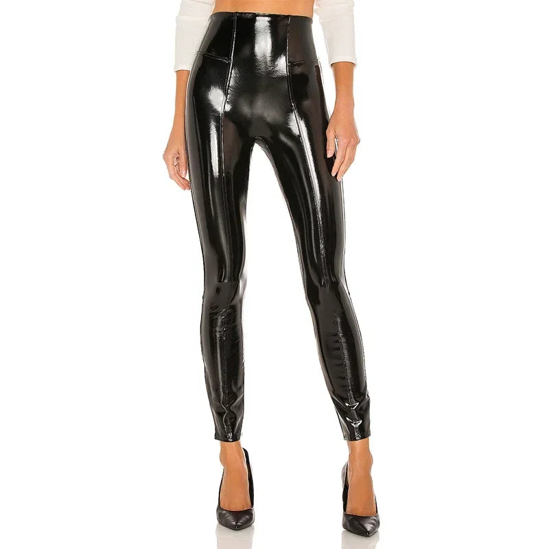 Faux Latex Hose mit hoher Taille Frauen glänzende Paten leder Leggings Damen schlanke Spleißen kurze Hosen Wettlook Clubwear benutzer definierte