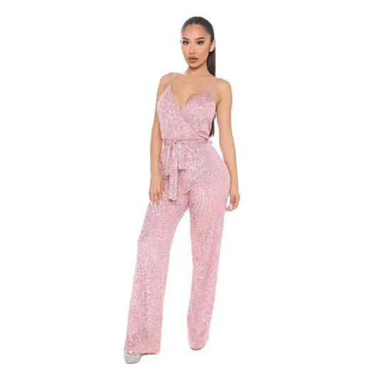 Mode schick glänzende Pailletten rücken freie Hosenträger Overall Frauen hohe Taille Schnürung schlanke Crossover V-Ausschnitt Stram pler weibliche Party kleidung