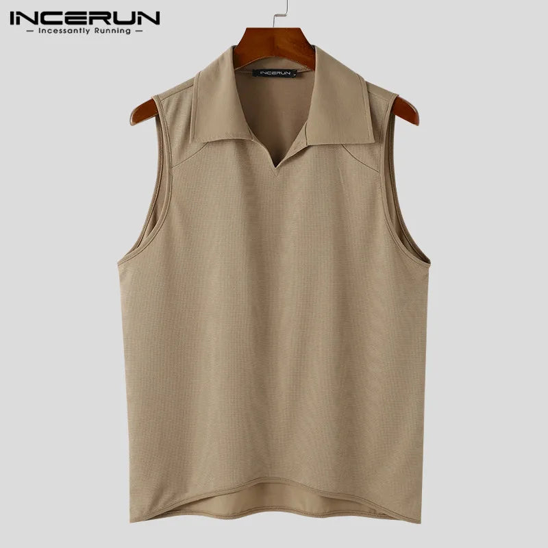 INCERUN Men Tank Tops Solid Color Lapel Sleeveless Streetwear Casual Vests Summer 2024 Korean Style Fashion Men Clothing S-5XL