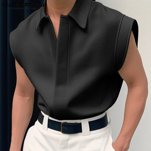 INCERUN Men Shirt Solid Color Lapel Sleeveless Korean Style Casual Men Clothing Streetwear Summer 2024 Fashion Male Shirts S-5XL