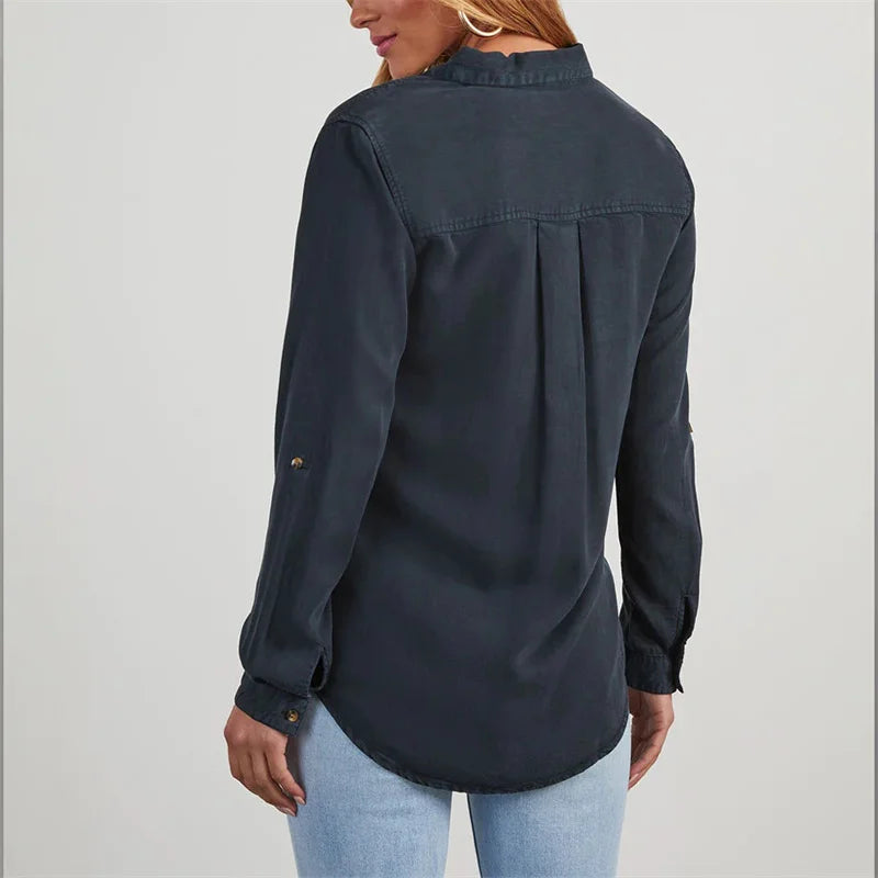 Frauen Doppel Taschen Splice Dekoration Denim Hemd Neue einreiher Strickjacke Revers Bluse Herbst Casual Pendler Weibliche Tops